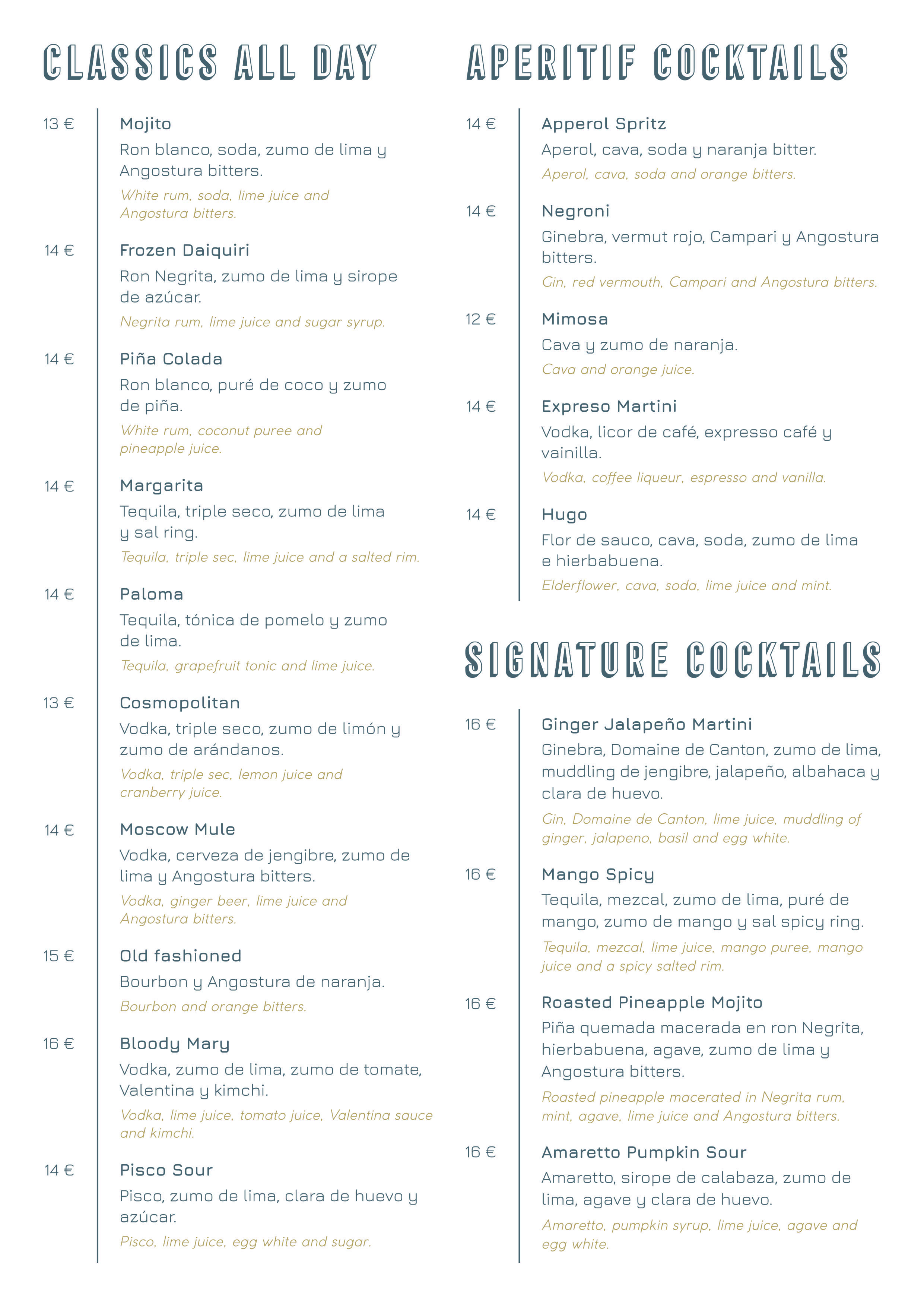 Carta cocktails - Can Toni Xumeu Boutique Hotel Ibiza